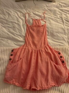 FREE PEOPLE Coral Pink Cotton Overall Romper, Buttoned Pockets,open sides-Size M